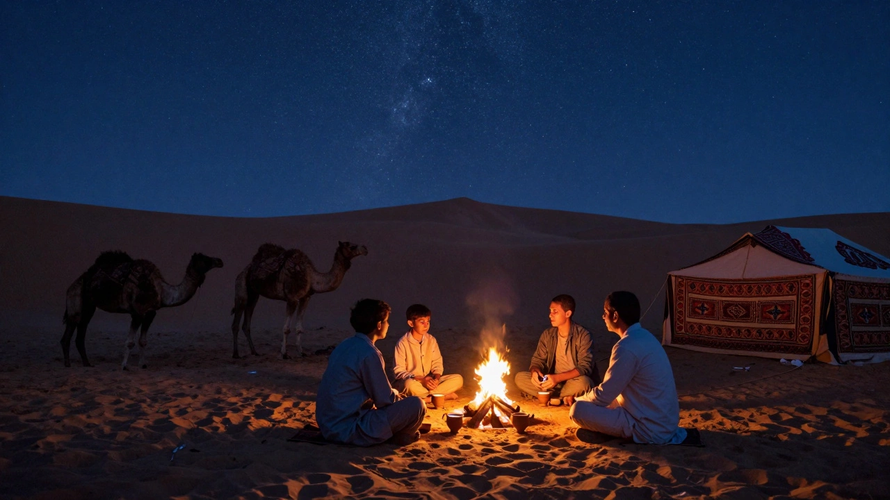 Desert camp under starry sky in Thar Desert with travelers and camel silhouettes.