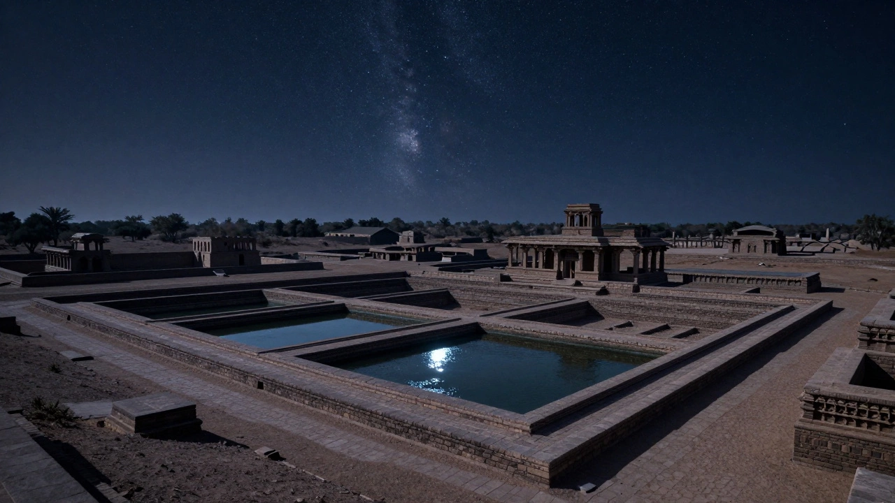 Dholavira, the ancient Harappan city under moonlight, with stone reservoirs and ruins under a starry sky.