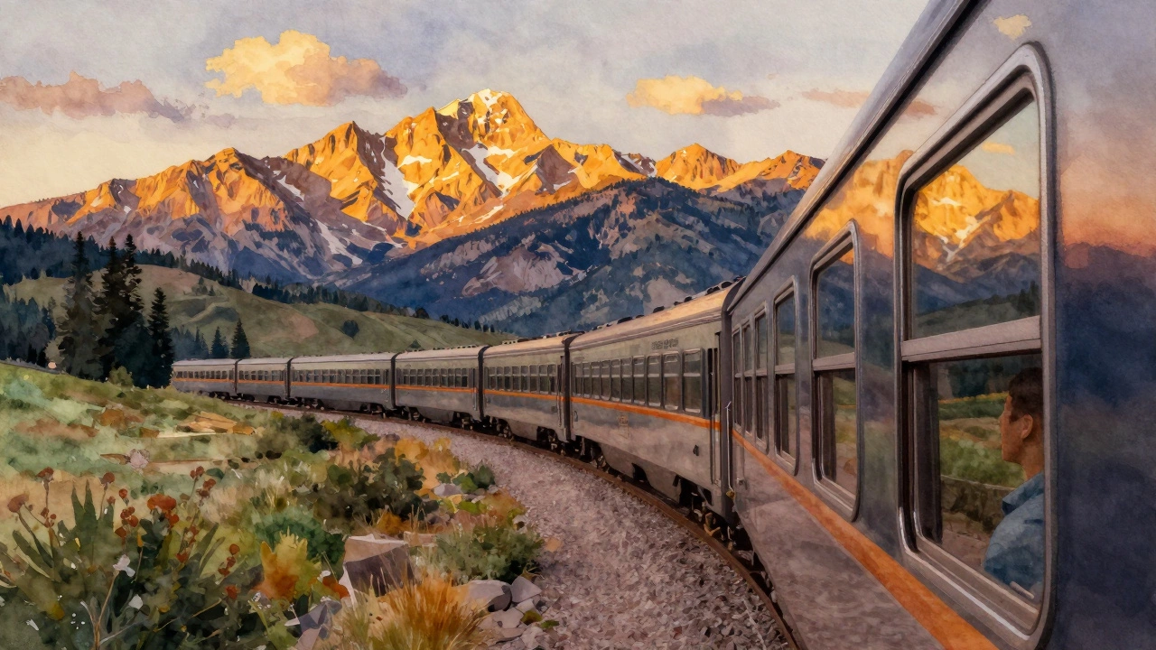 Passenger viewing Sierra Nevada sunset from train window
