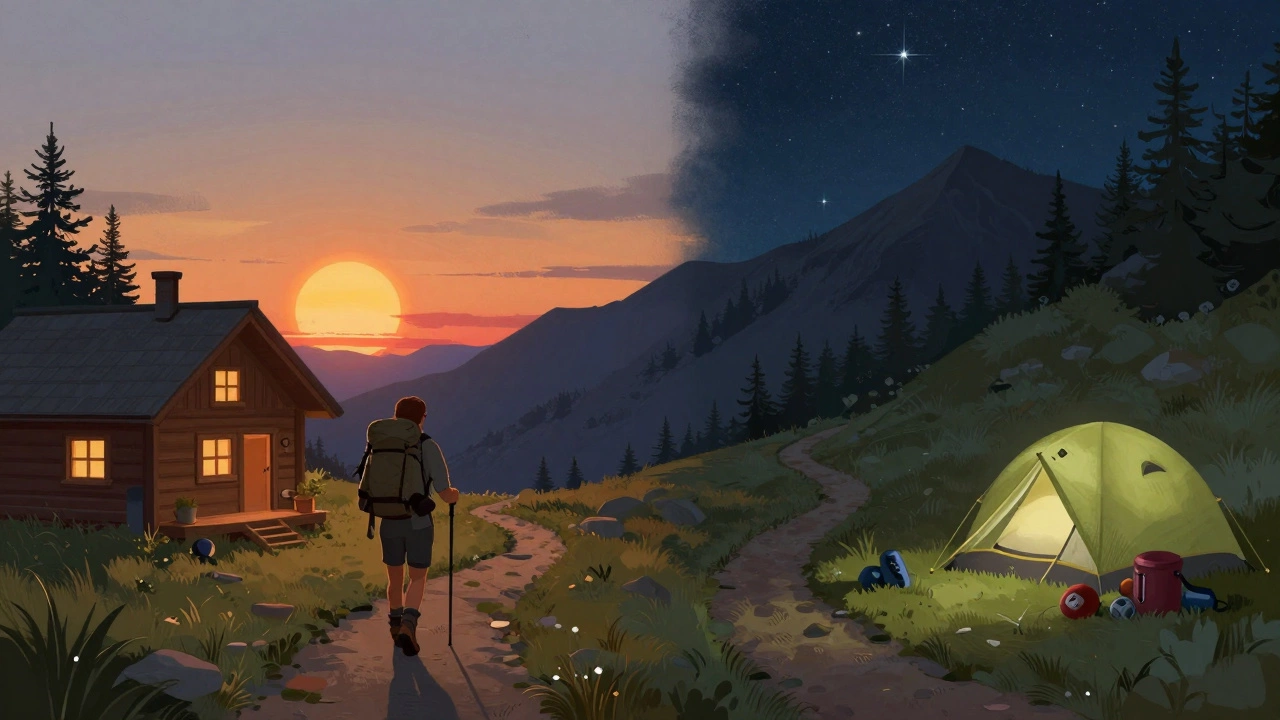 Split image showing a day-hiker returning home versus a trekker camping under stars in remote Himalayas.