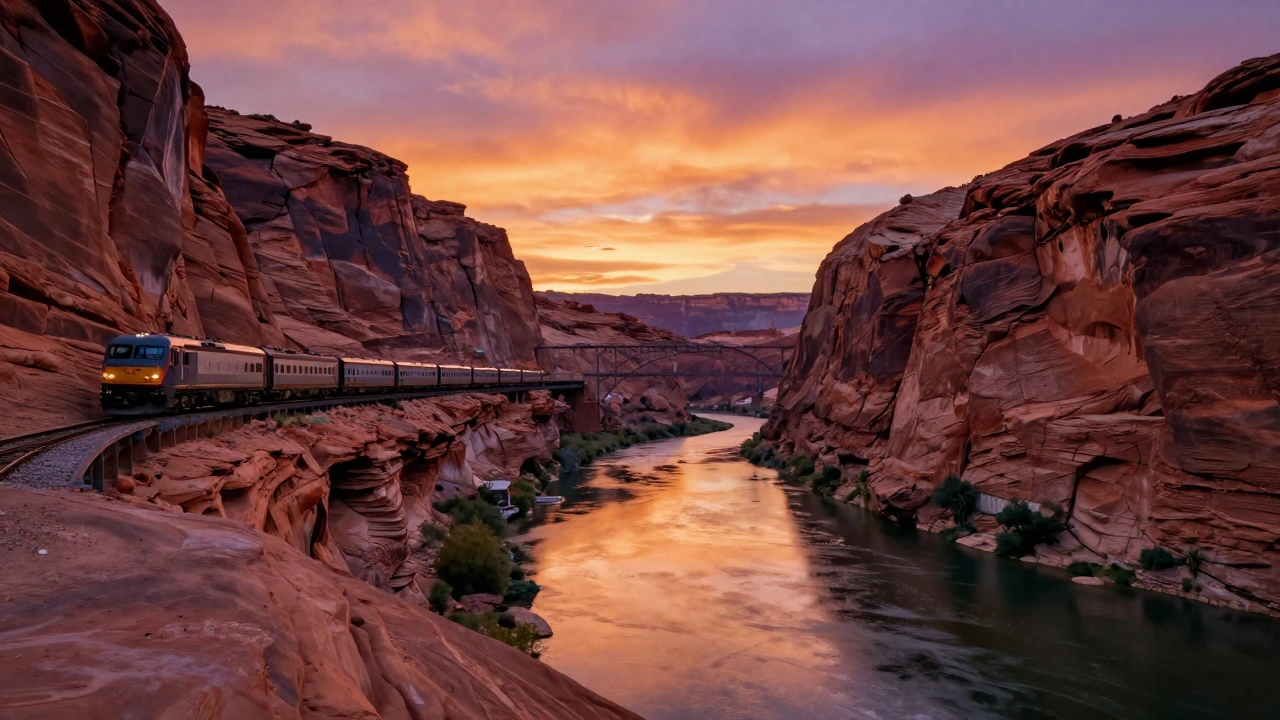 Train crossing Colorado River canyon at sunset
