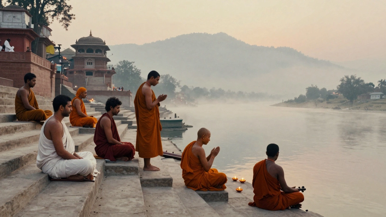 Travelers meditating on the ghats of Rishikesh at dawn, with monks chanting and the Ganges river glowing in morning mist.
