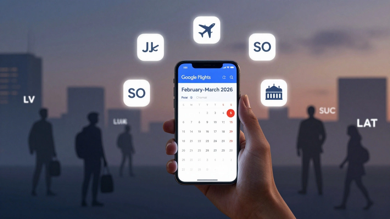 A traveler viewing Google Flights on a phone, with price trends and direct flight icons for Chennai and Bengaluru, while other cities appear with higher costs.