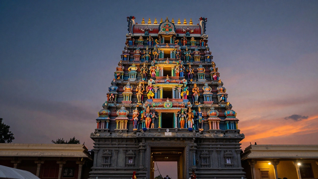 Colorful gopuram tower of a Dravidian temple at sunset with intricate sculptures.