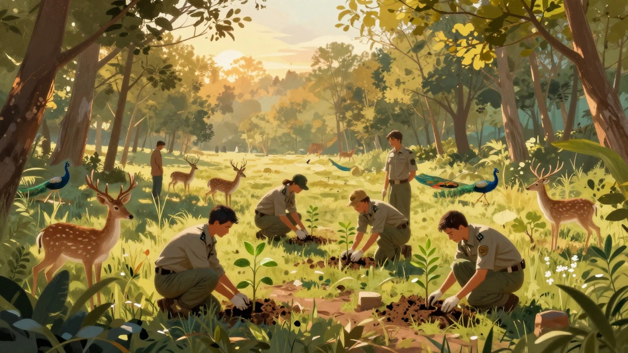 Conservationists planting trees in a green corridor connecting forest patches.
