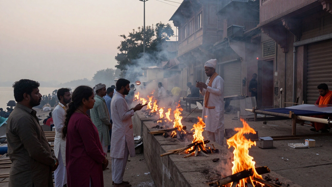 Cremation pyres burning at Manikarnika Ghat with smoke rising, priests chanting, and silk weavers visible in the background.