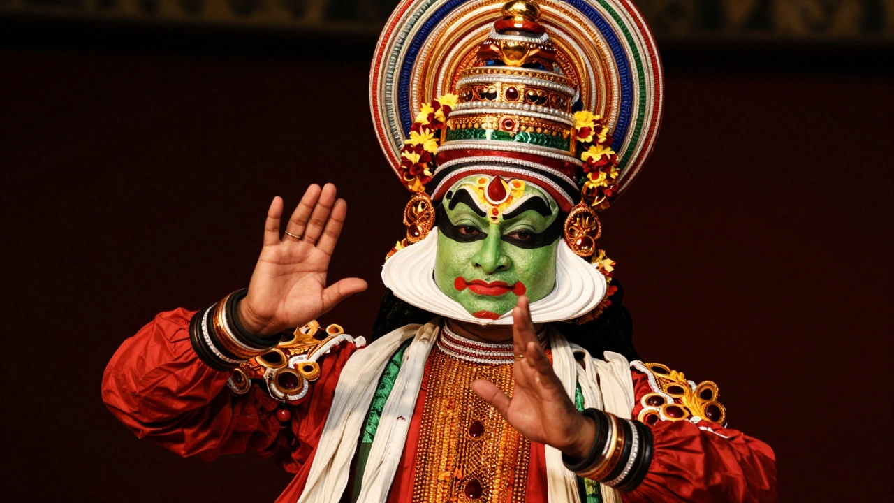 Kathakali dancer with elaborate makeup and costume performing on stage.