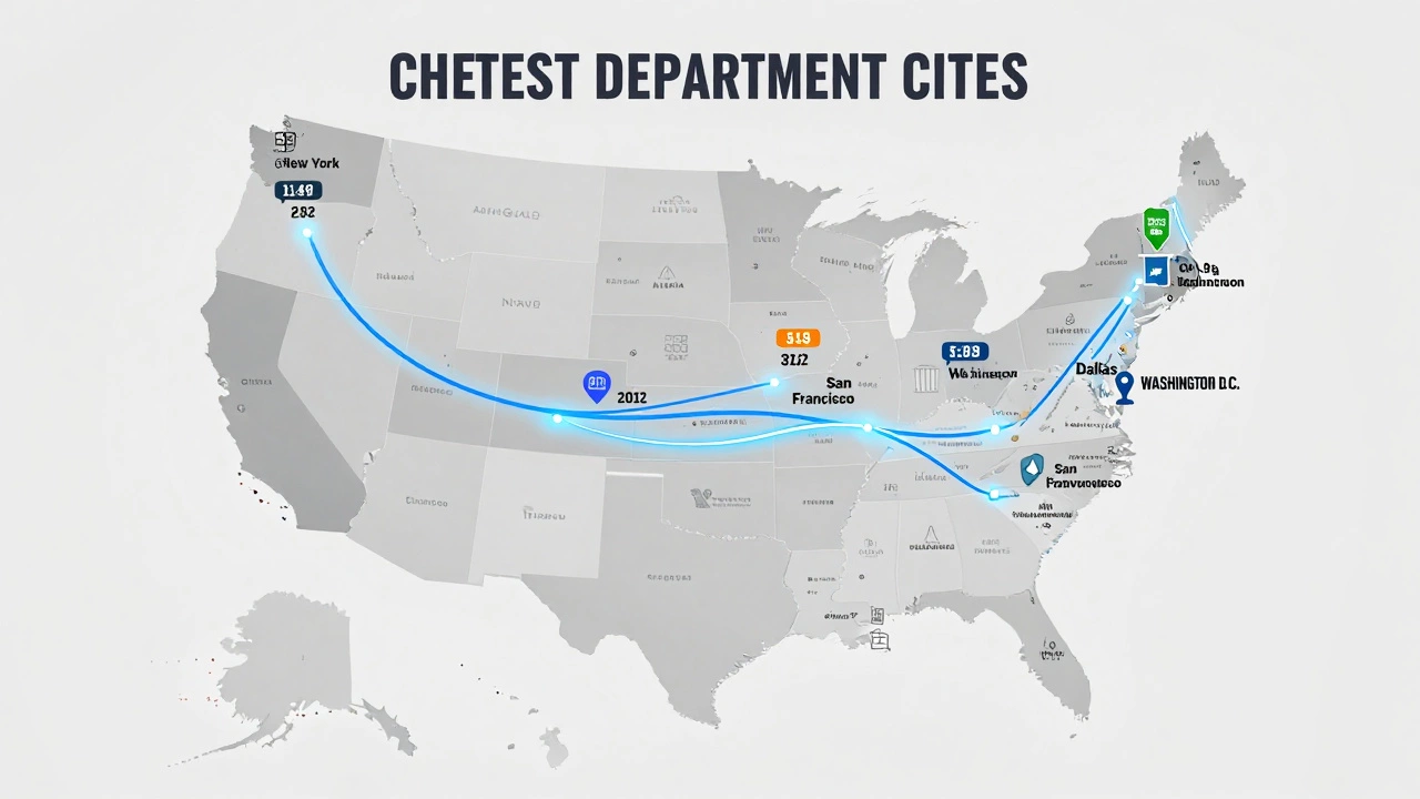 Map of the United States showing top five cities with cheapest flights to India, connected by glowing blue routes to major Indian airports.