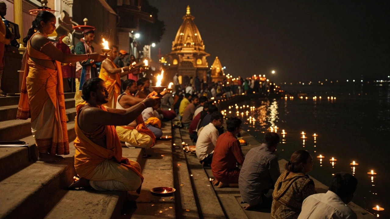 Priests performing aarti with flaming lamps at Dashashwamedh Ghat, as crowds kneel and oil lamps float on the river.