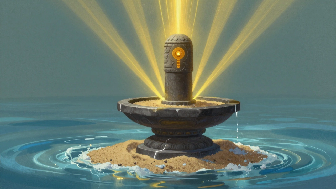 Spiritual illustration of a Shiva Linga surrounded by flowing ocean water