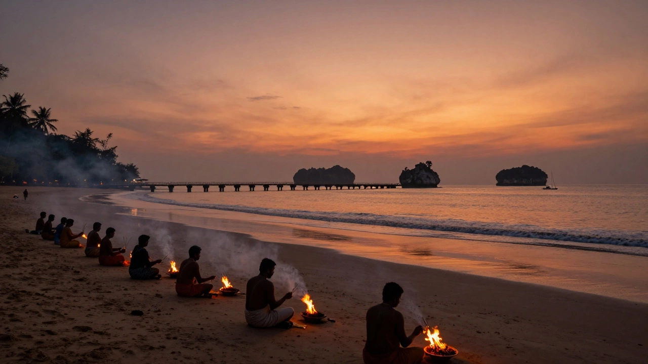 Sunset beach scene with pilgrims near the shore overlooking distant rocks