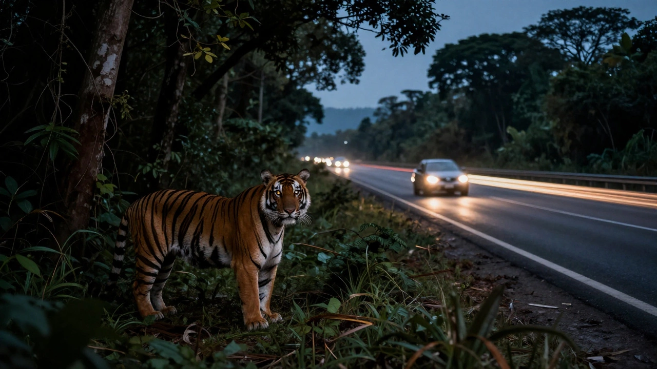 Tiger pausing at the edge of a forest near a busy highway lane.