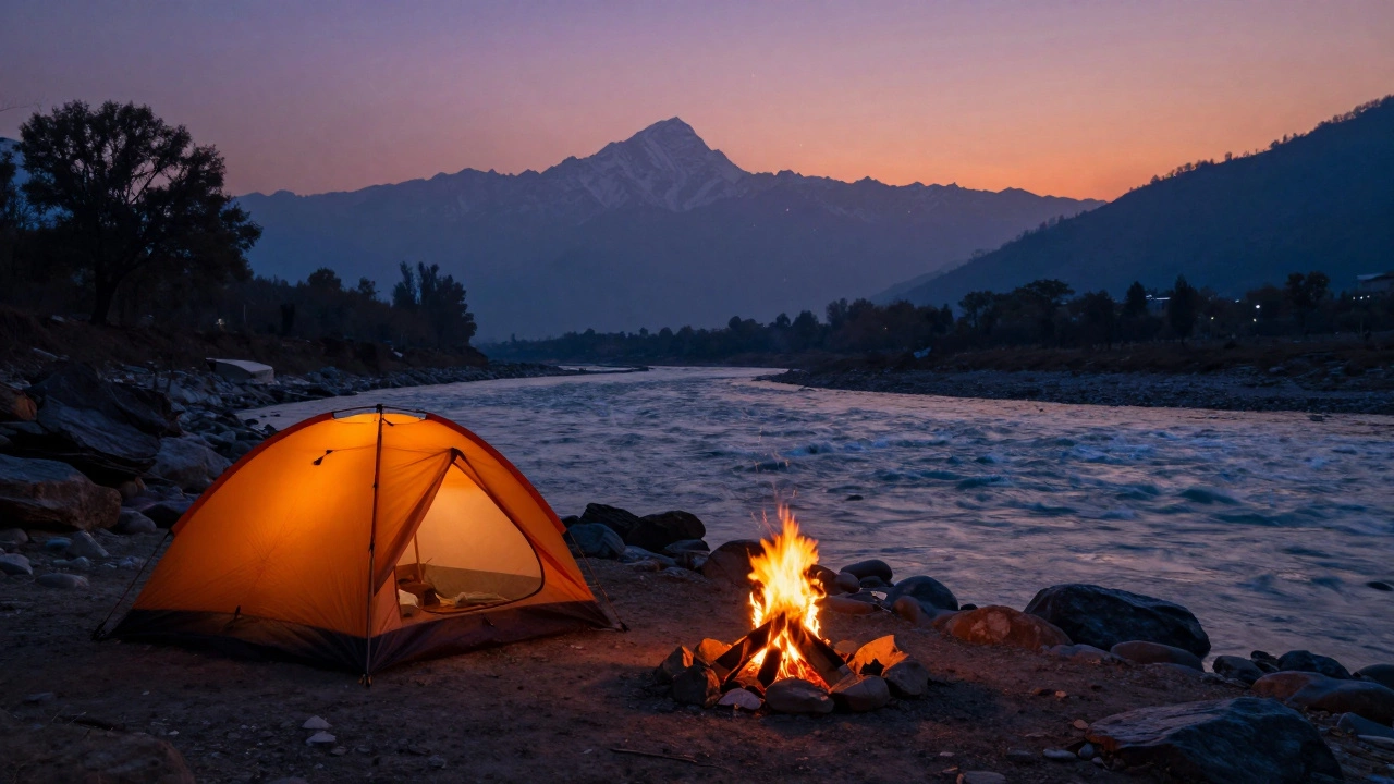 A cozy wilderness camping tent and campfire by the Ganges river at twilight