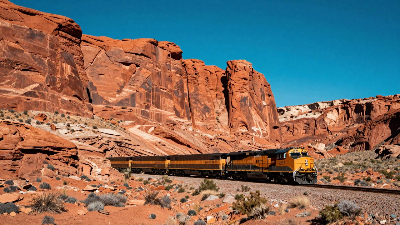 A passenger train moving past red rock formations in the American Southwest desert.