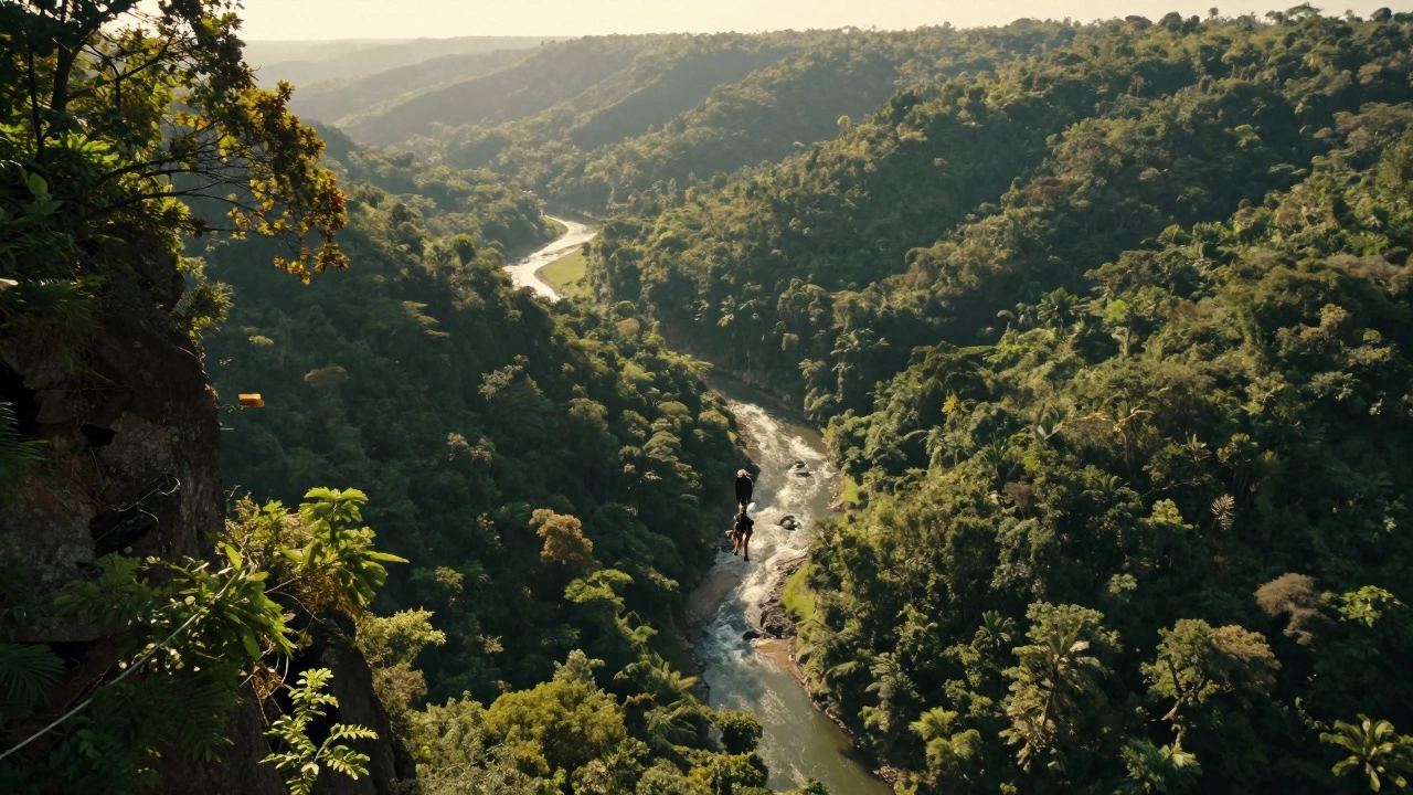 A person bungee jumping from a high platform over a lush green forest valley
