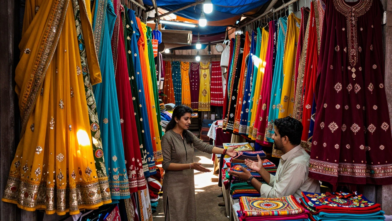 A traveler negotiating for colorful textiles at a vibrant market in Chandni Chowk.