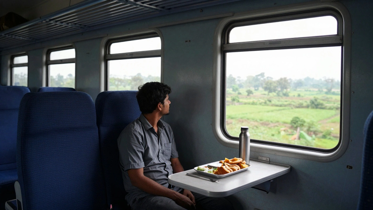 A traveler sitting by the window of an Indian Railways sleeper train carriage.