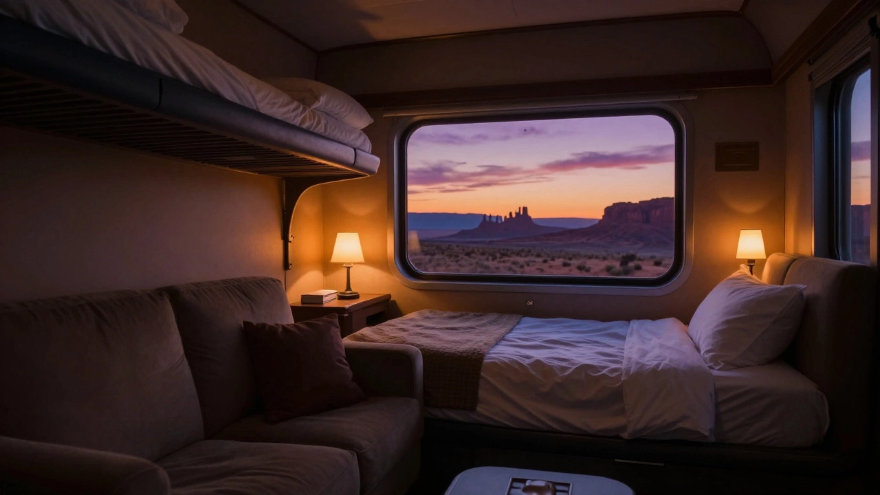 Cozy Amtrak private sleeper cabin overlooking the red rocks of the Moab desert at sunset