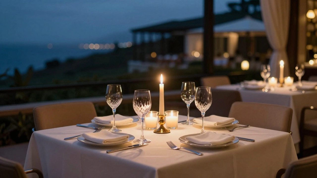Elegant candlelit dinner table at a luxury restaurant for a romantic celebratory meal.