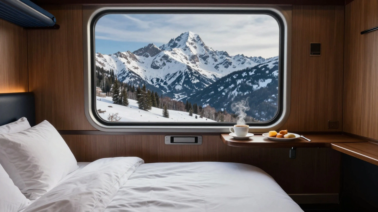 Interior of a luxury train bedroom with a view of the snowy Sierra Nevada mountains.