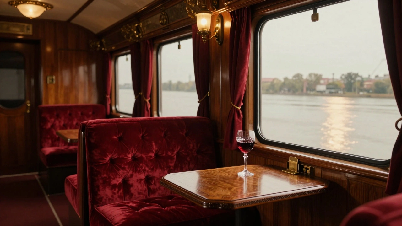 Opulent vintage private rail car with mahogany panels and velvet seats by the Mississippi River