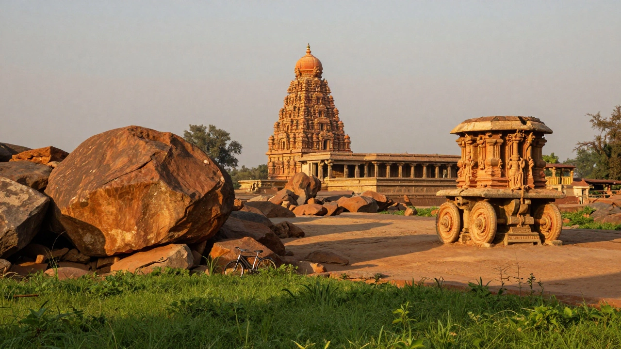 Ancient Hampi ruins with red stones and green fields