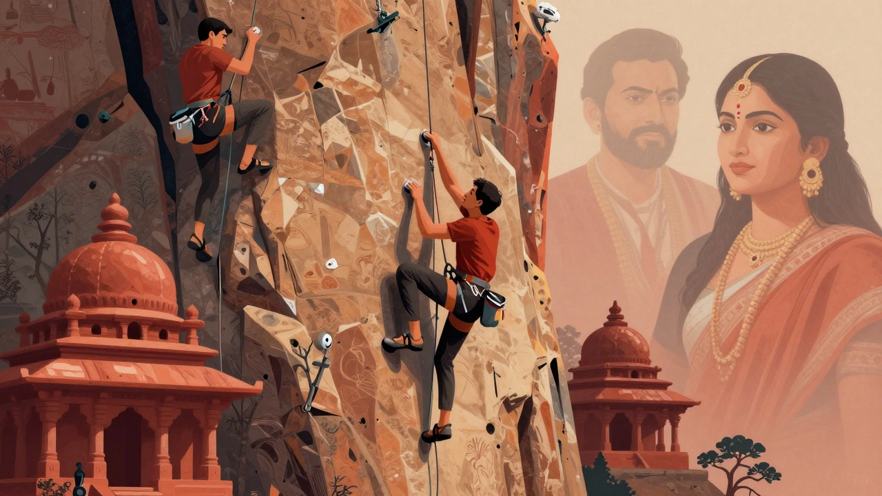 Artistic blend of rock climbers and historic Indian adventure legends