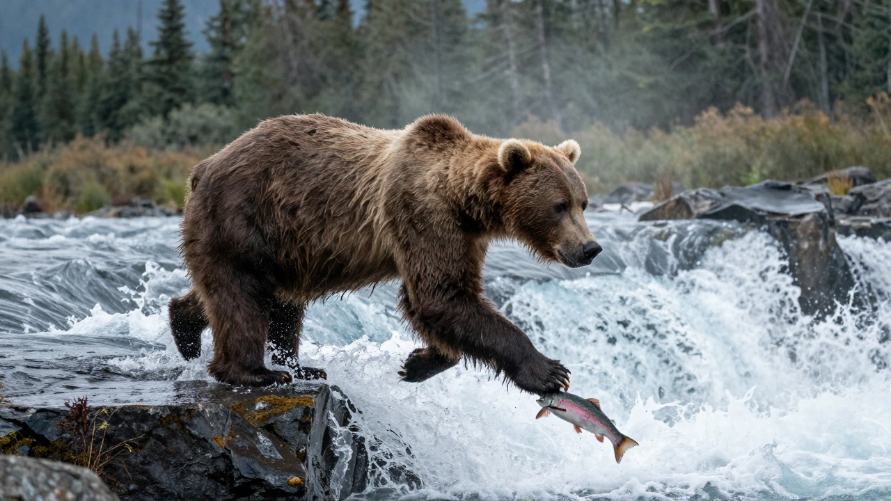 Brown bear leaping to catch salmon at Brooks Falls in Alaska