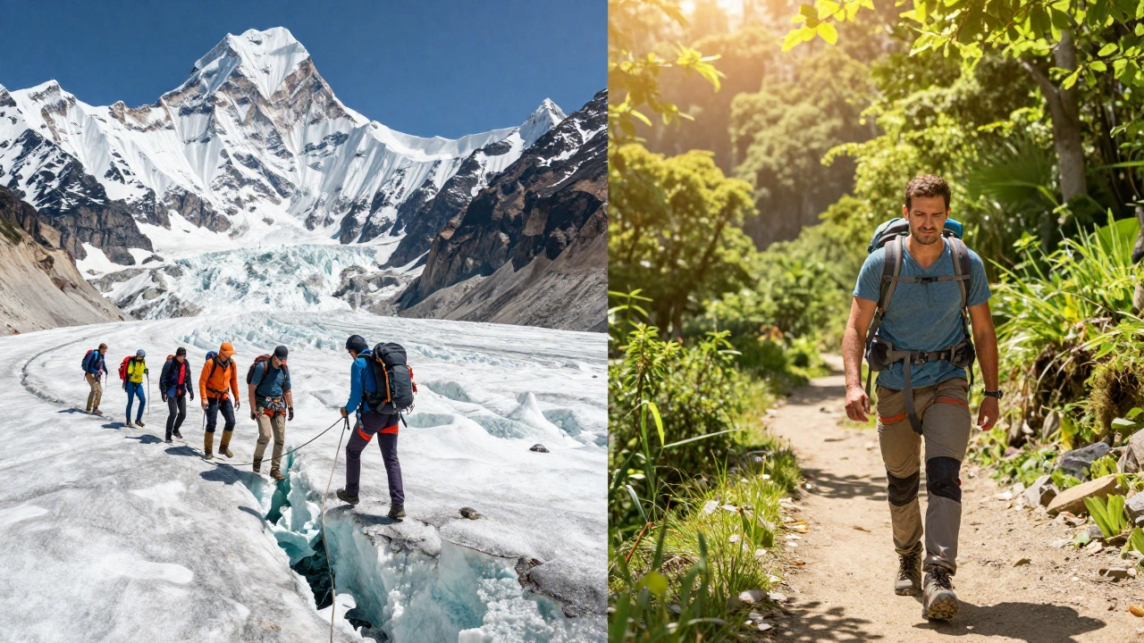 Contrast between dangerous glacier crossing with guide and safe solo forest hike