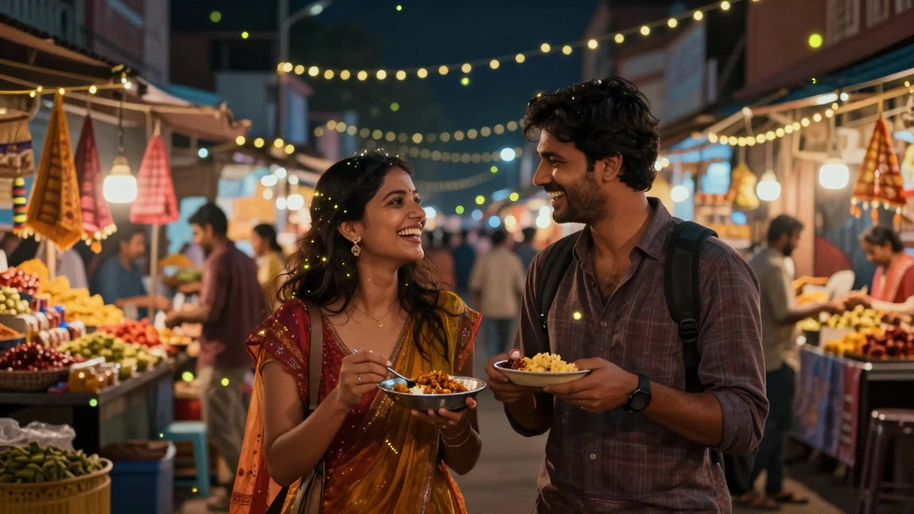 Couple enjoying a vibrant night market in India