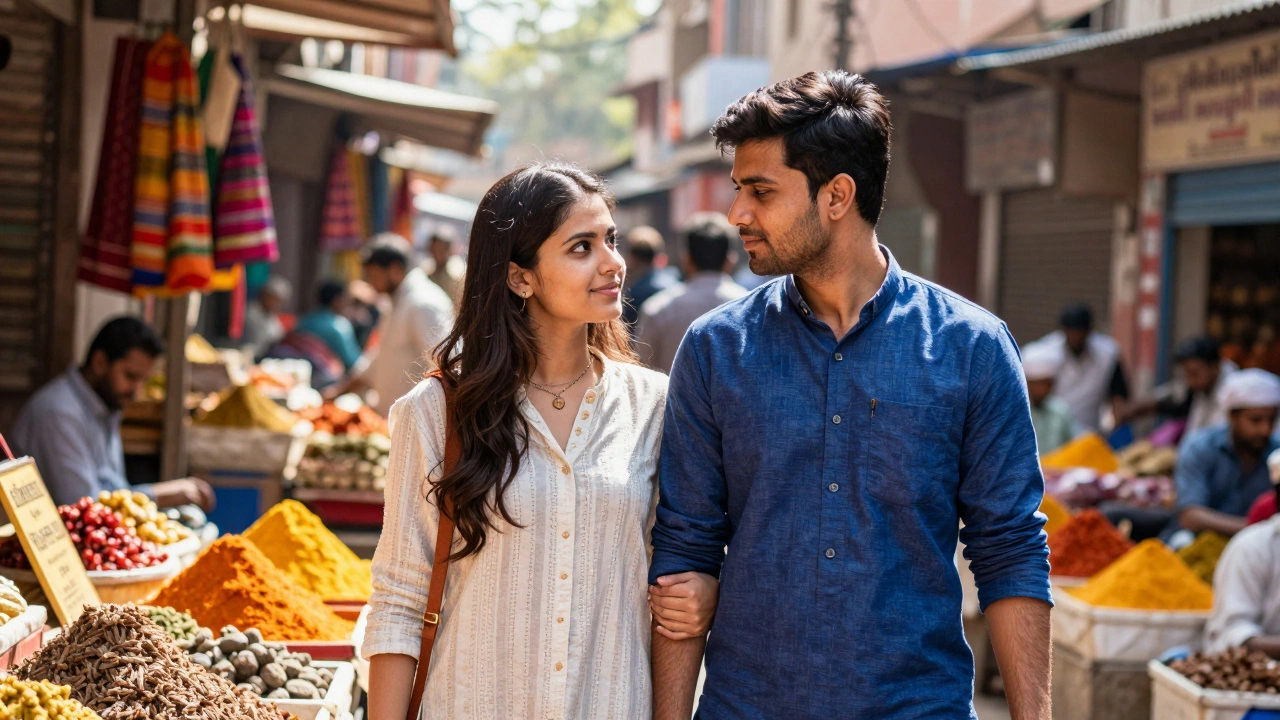 Couple exploring a colorful Indian market together
