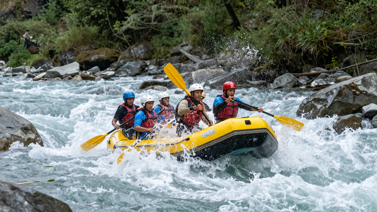 Group rafting through turbulent river rapids