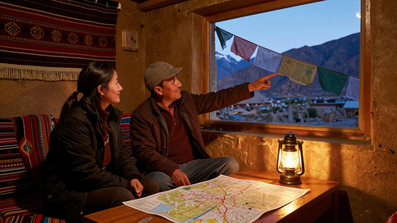 Local guide sharing cultural insights with traveler in cozy mountain lodge