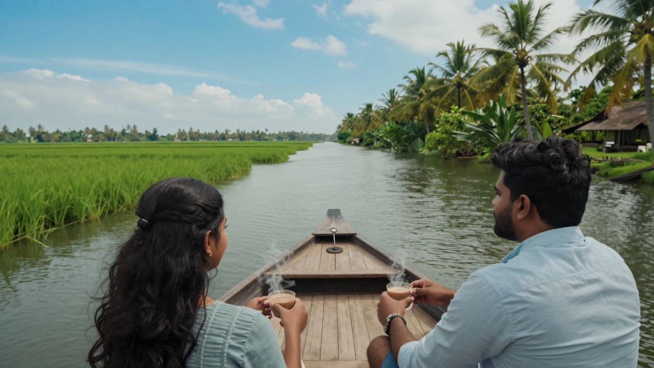 Newlyweds relaxing on a houseboat in Kerala backwaters