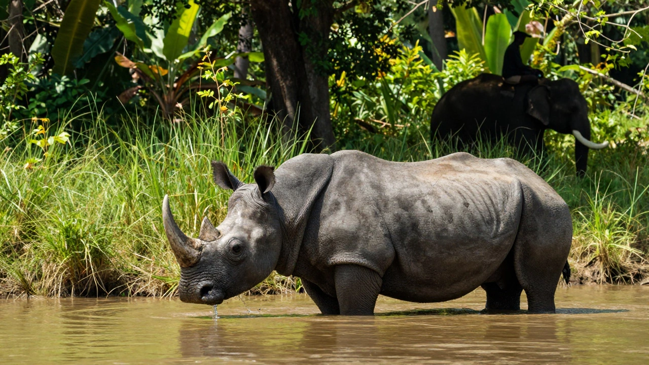 One-horned rhinoceros wallowing in muddy river at Kaziranga Park