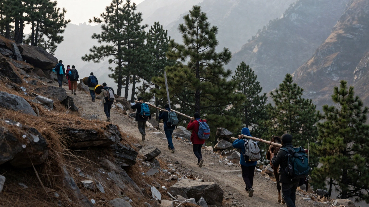 Pilgrims trekking up a misty mountain path to the Vaishno Devi shrine