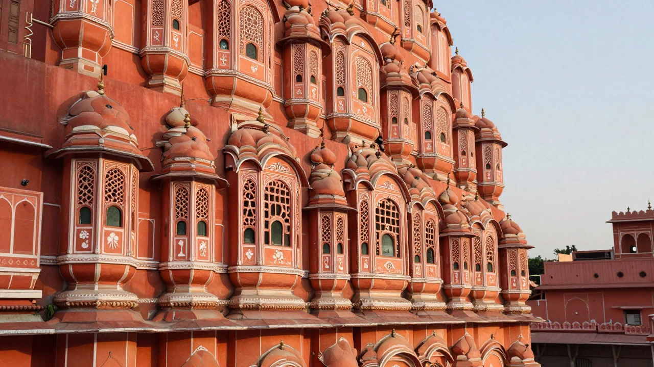 Pink sandstone facade of Hawa Mahal at sunset