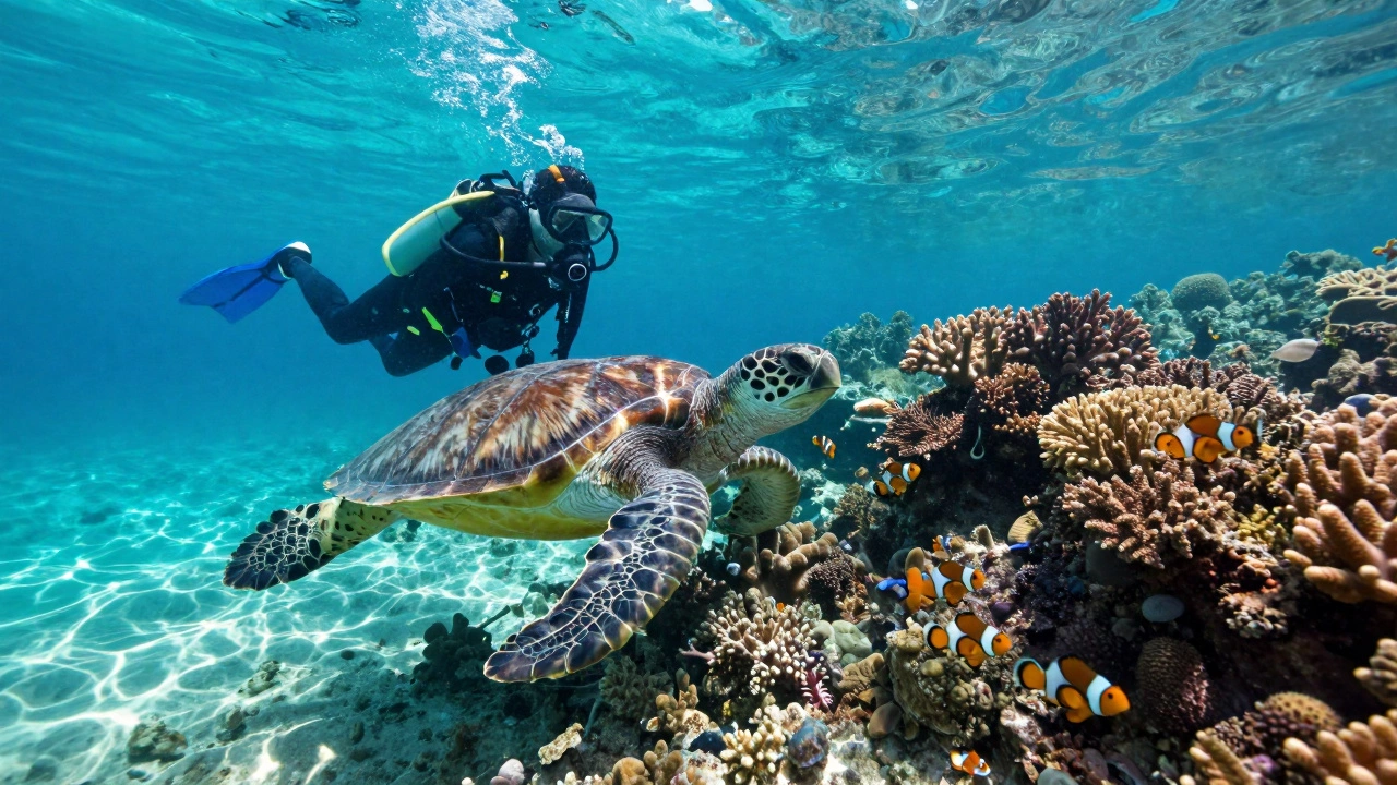 Scuba diver swimming with sea turtle at coral reef