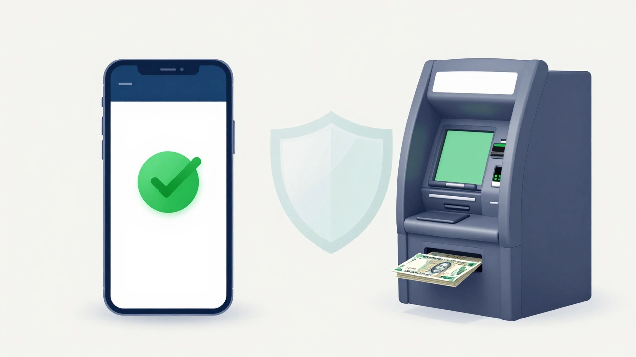 Smartphone banking app and ATM with rupee notes for travel