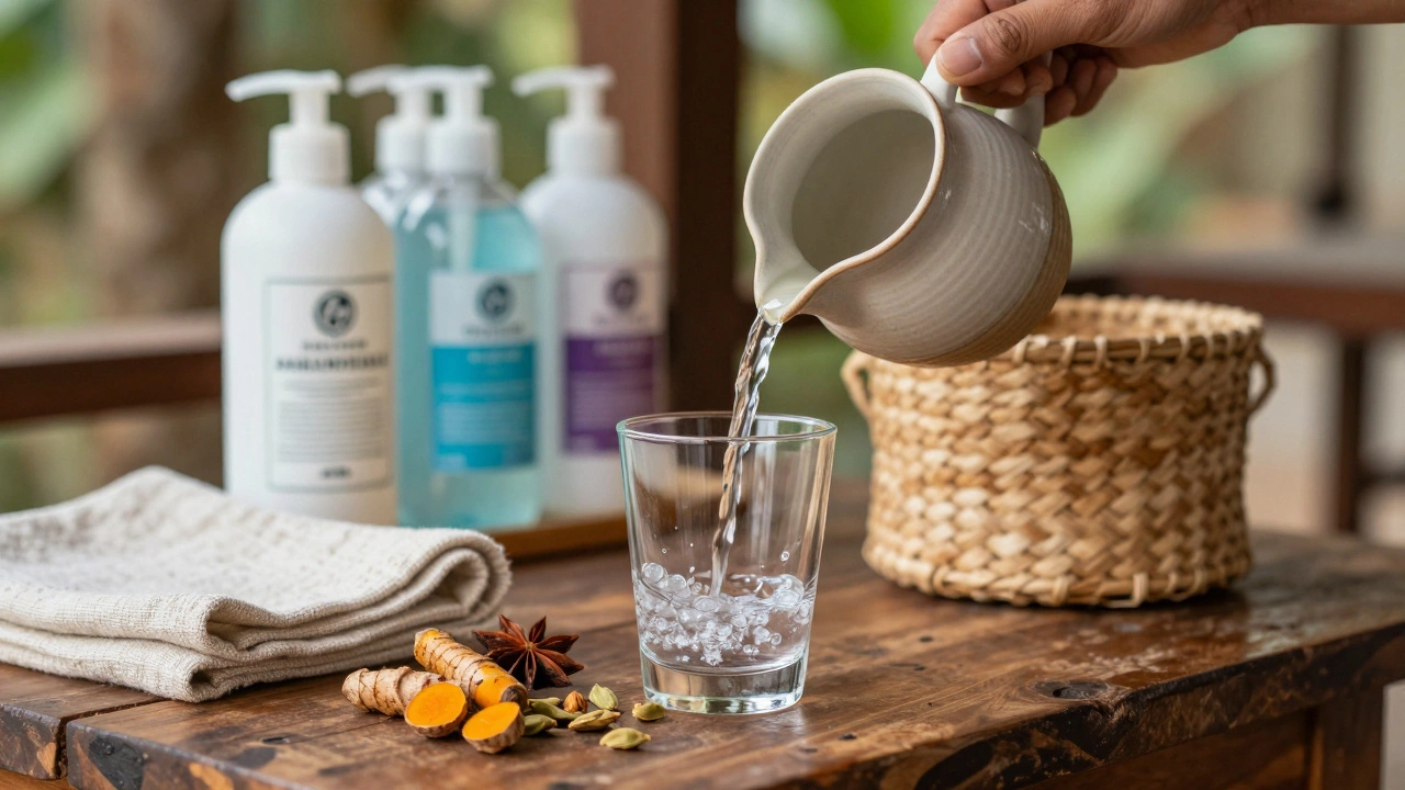 Sustainable hotel amenities including bulk dispensers and local spices