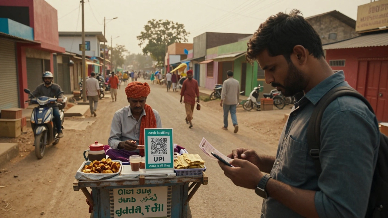 Tourist paying with cash at rural Indian street vendor stall