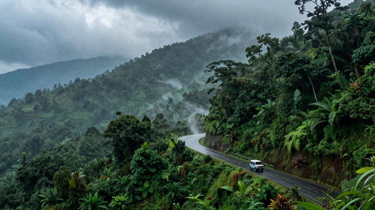 Winding mountain road in Northeast India during heavy monsoon rains