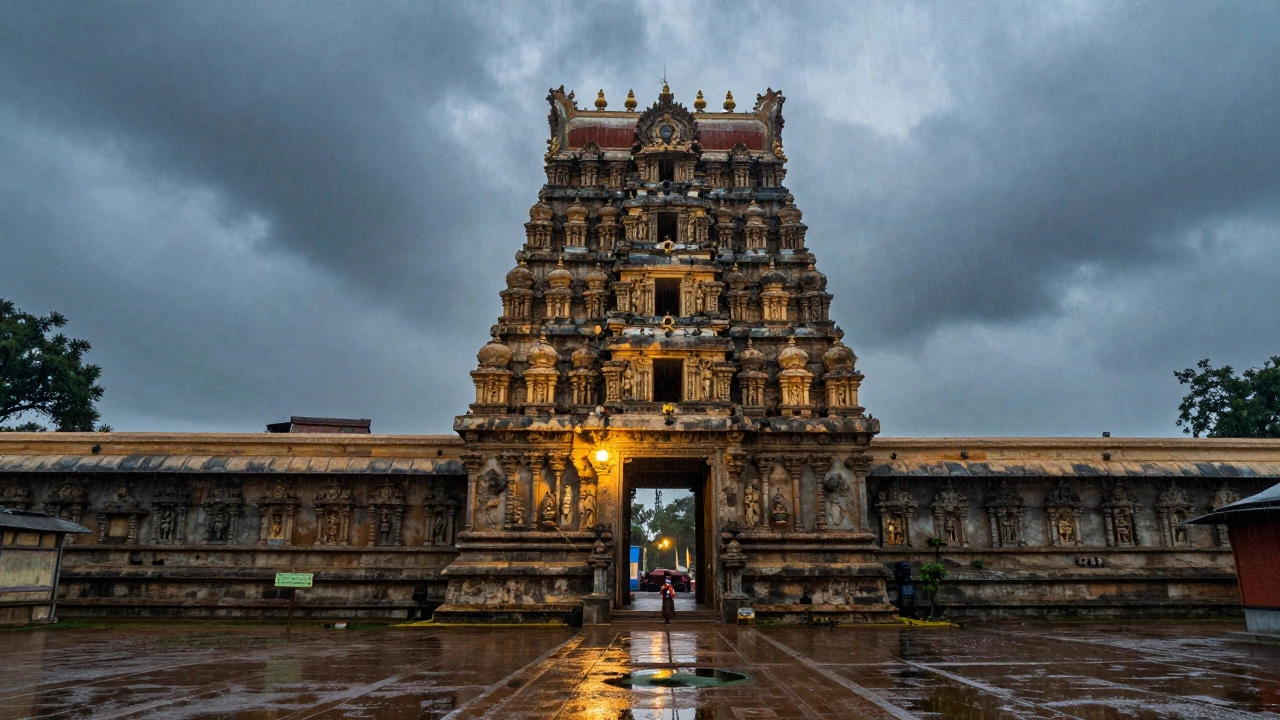Ancient Tamil Nadu temple glowing under monsoon rain