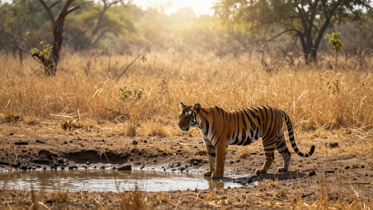Bengal tiger near a waterhole in dry summer savanna