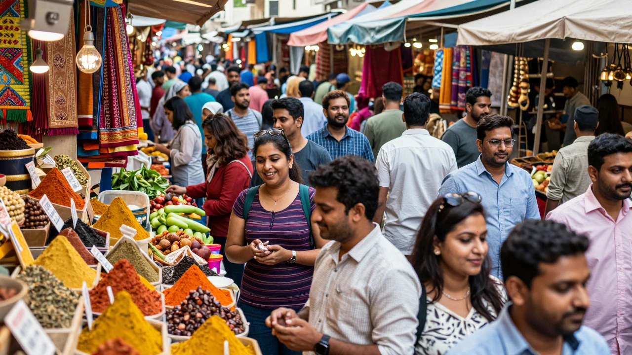 Bustling multicultural market street with Indian community vibe