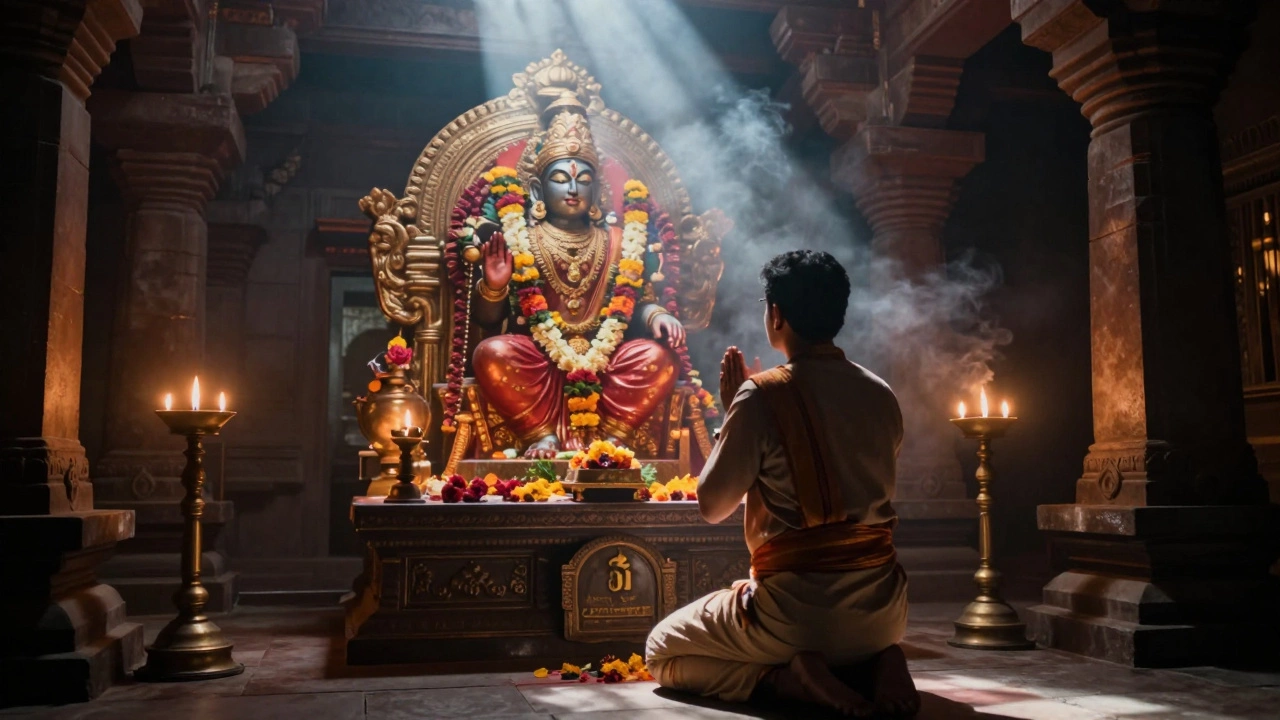 Devotee praying silently before an illuminated deity statue in a temple.
