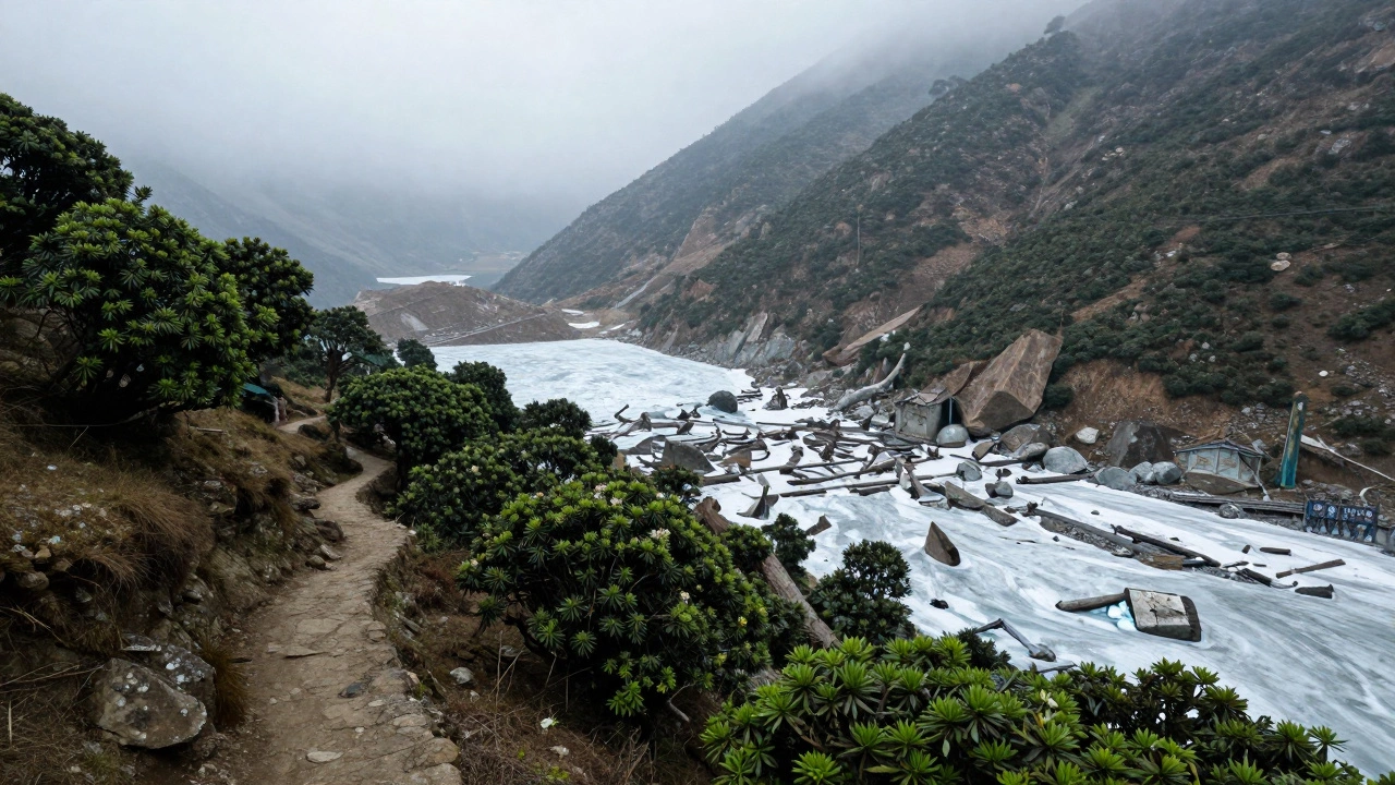 Frozen Roopkund lake with skeletal remains in mountains