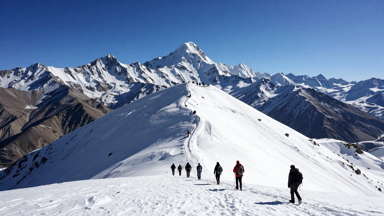 Hikers ascending snowy Stok Kangri peak in Ladakh