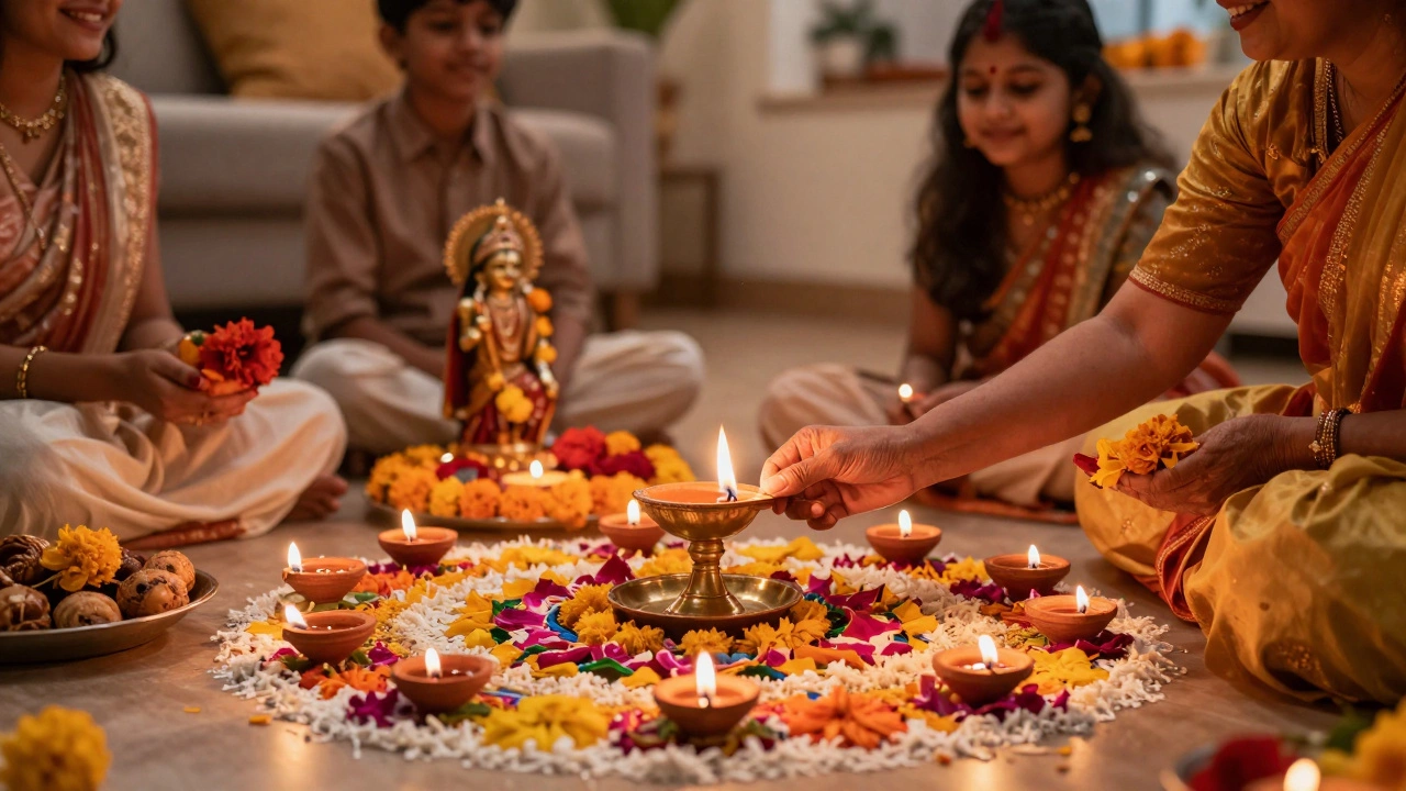 Indian family performing Lakshmi Puja with rangoli and oil lamps