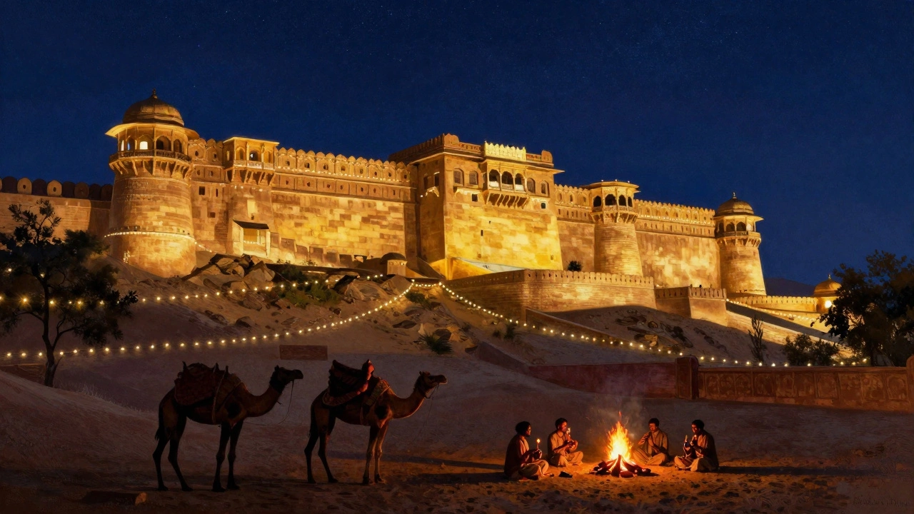 Jaisalmer Fort lit up for Diwali with camels and musicians nearby
